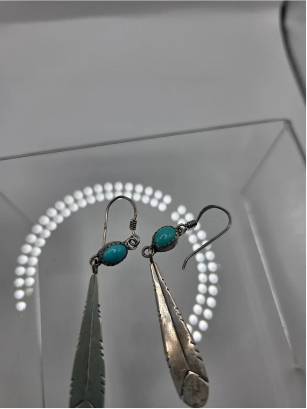 Vintage Sterling Silver Feather Turquoise Dangle Earrings
